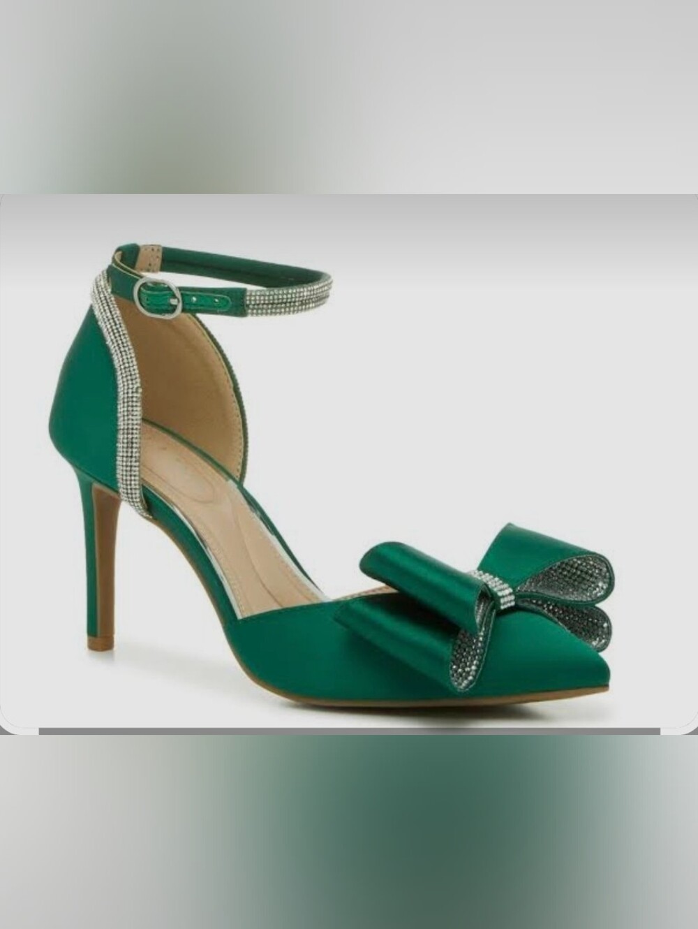 Emerald Green Satin And Rhinestone Ankle-Strap Pointed Toe Heel with Bow